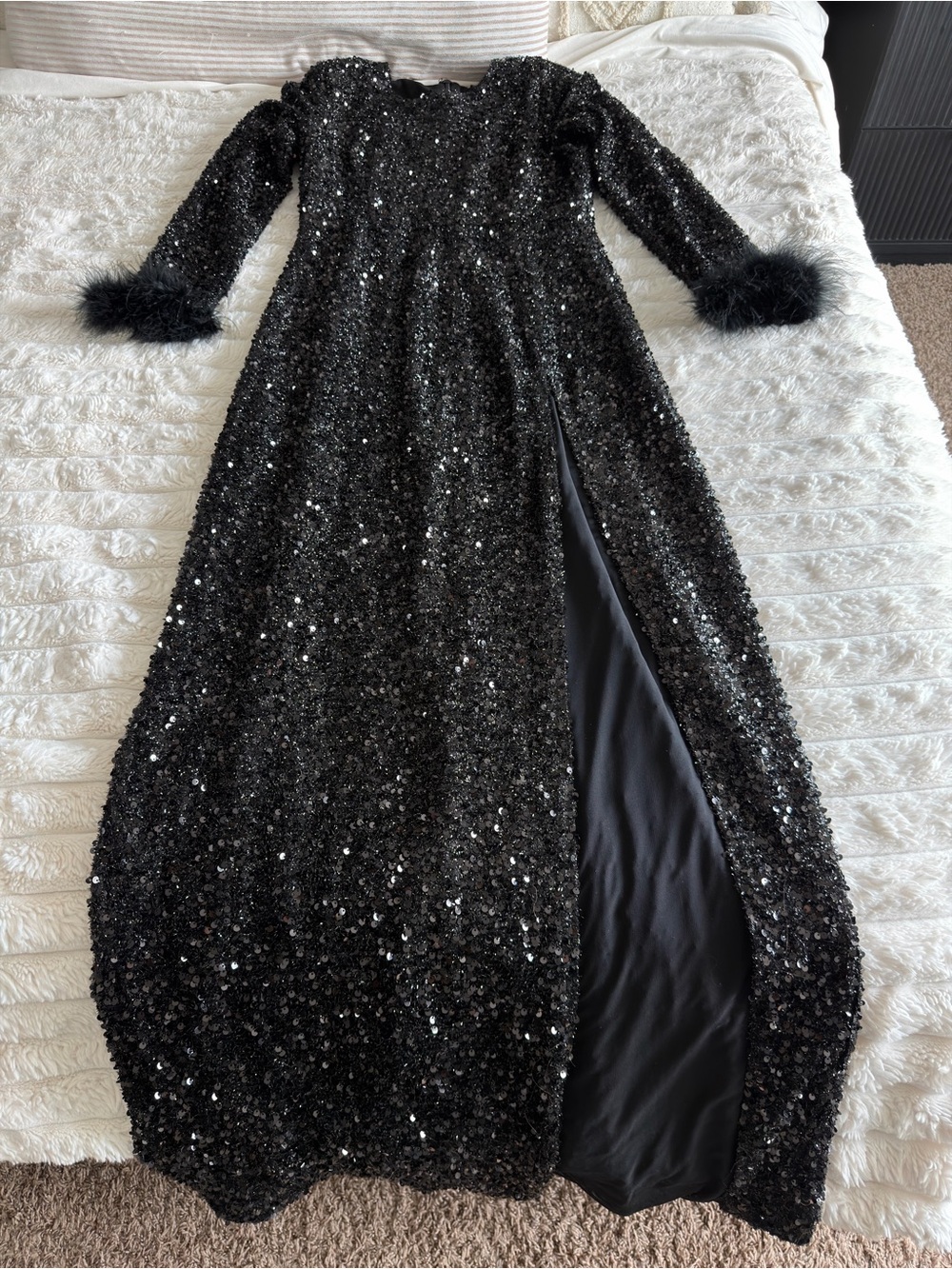Fashion Nova Black Sequin Long Sleeve Gown with Feather Cuffs